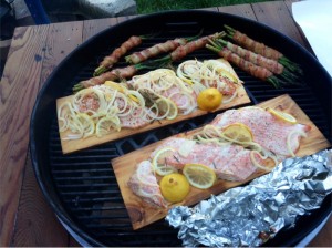 Idahawk shows off his planked salmon and bacon wrapped asparagus