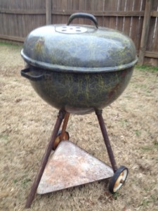 Ed's 56 Weber Grill - Vintage Custom Bar-b-que kettle with yellow drizzle factory paint finish.