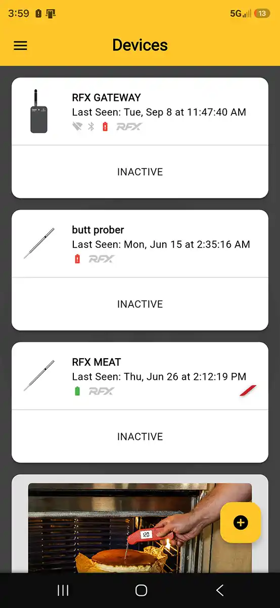 Thermoworks RFX App for Android can connect to multiple RFX Meat probes and gateways